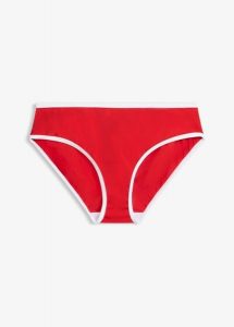 Figi bikini z białym, kontrastowym wykończeniem. Czarne figi bonprix, bez wzorów. Za 34,99 zł.