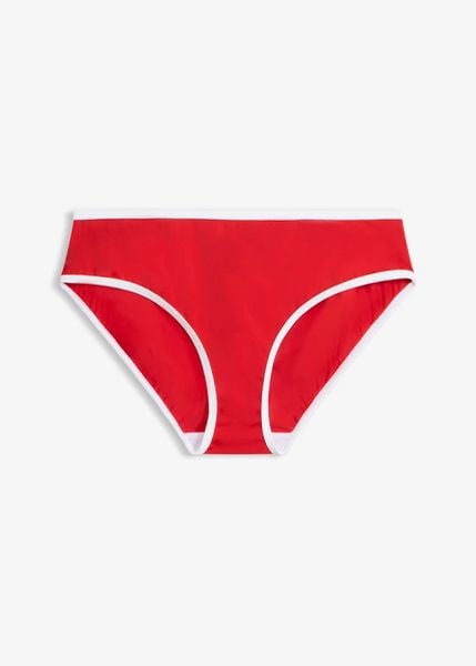 Figi bikini z białym, kontrastowym wykończeniem. Czarne bikini bonprix, bez wzorów. Za 34,99 zł.