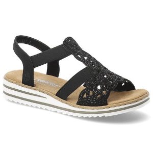 Sandały damskie Rieker, cholewka ze skóry ekologicznej z ażurowym wzorem elastyczne paski płaska podeszwa, czarne, V0646-00. Czarne sandały Rieker, w ażurowe wzory, ze skóry ekologicznej, bez obcasa, na płaskiej podeszwie, bez zapięcia. Za 287,90 zł.