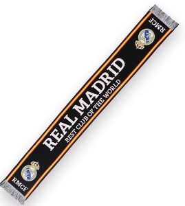 Szalik Realu Madryt - licencjonowany 140 cm x 20 cm. Czarne szaliki REAL MADRID, bez wzorów, z materiału. Za 90,22 zł.