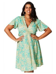 Aller Simplement Sukienka w kolorze turkusowo-beżowym rozmiar: 54-58. Brązowe sukienki Aller Simplement, na co dzień, bez wzorów, bez kołnierzyka, bez ramiączek, mini, kopertowe. Za 65,99 zł.