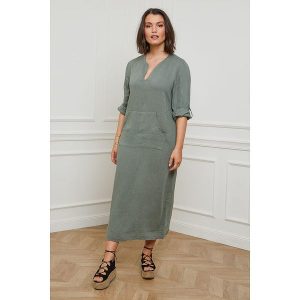 Curvy Lady Lniana sukienka w kolorze khaki rozmiar: 48/50. Brązowe sukienki Curvy Lady, bez wzorów, ze lnu, klasyczne, bez kołnierzyka, bez ramiączek, maxi. Za 153,71 zł.