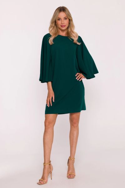 Elegancka sukienka trapezowa z bufiastymi rękawami zielona. Zielone sukienki Stylove, s, bez wzorów, eleganckie, bez kołnierzyka, bez ramiączek, trapezowe. Za 329,00 zł.