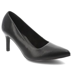 Czółenka damskie Rieker w klasycznym eleganckim fasonie ze smukłym noskiem i stabilnym obcasem typu szpilka czarne, 41160-01 Black. Czarne czółenka Rieker, bez wzorów, bez obcasa, na szpilce, bez zapięcia. Za 349,00 zł.