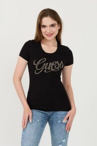 GUESS Czarny t-shirt Script. Czarne t-shirty Guess, xs, z aplikacjami, bez kołnierzyka, bez ramiączek. W wyprzedaży za 165,99 zł.