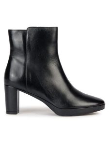 Geox Botki D Walk Pleasure 60 D36TEC 00043 C9999 Czarny. Czarne botki Geox, bez wzorów, ze skóry, bez obcasa, na słupku, bez zapięcia. Za 559,99 zł.