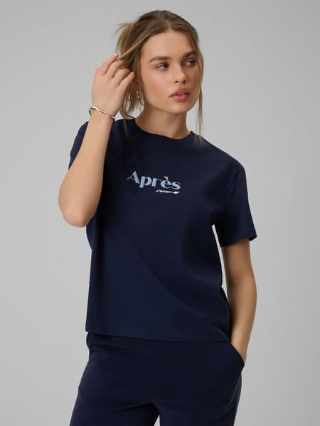 4F T-shirt boxy z nadrukiem damski - granatowy L. Niebieskie t-shirty 4f, l, bez wzorów, z bawełny, bez kołnierzyka, bez ramiączek. W wyprzedaży za 19,99 zł.