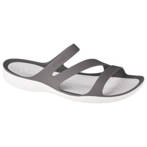 Klapki damskie Crocs Swiftwater Sandal W Smokewhite. Białe klapki Crocs, bez wzorów, z materiału, bez obcasa. Za 272,00 zł.