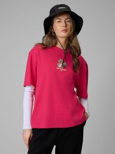 4F T-shirt loose z nadrukiem damski - różowy M. Czerwone t-shirty 4f, m, bez wzorów, z bawełny, bez kołnierzyka, bez ramiączek. Za 79,99 zł.