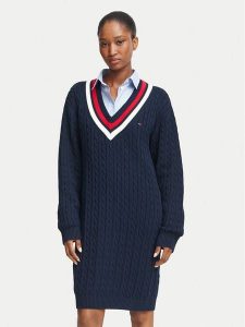 Tommy Jeans Sukienka dzianinowa DW0DW23540 Granatowy Relaxed Fit. Niebieskie sukienki Tommy Jeans, xs, bez wzorów, z bawełny, bez kołnierzyka, bez ramiączek. Za 529,99 zł.