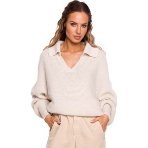 Sweter w Szpic z Kołnierzykiem - Słoniowa. Brązowe swetry klasyczne MOE, l, z materiału, bez kołnierzyka. Za 228,90 zł.