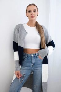Sweter Kardigan w pasy szary+granatowy. Niebieskie długie swetry KESI, l, z wełny, bez kołnierzyka, plus size. Za 123,43 zł.