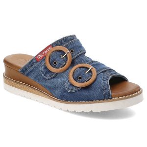 Niebiesko-Brązowe Klapki Artiker Modne Obuwie Damskie Na Lato. Brązowe klapki ARTIKER, bez wzorów, z denimu, z okrągłym noskiem, bez obcasa, na koturnie. Za 239,00 zł.