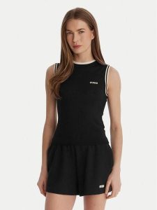 Guess Top V6GR02 Z0723 Czarny Regular Fit. Czarne topy Guess, xs, z aplikacjami, z wiskozy, bez kołnierzyka, bez ramiączek. Za 181,99 zł.