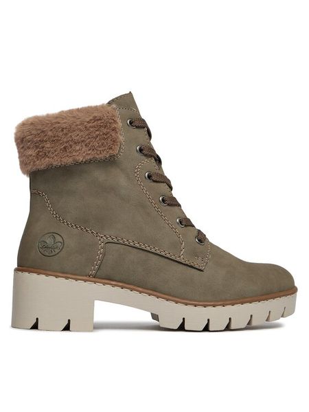 Rieker Trzewiki X5718-52 Khaki. Brązowe botki Rieker, bez wzorów, ze skóry, bez obcasa, na słupku, bez zapięcia. Za 309,99 zł.