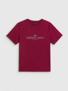 4F T-shirt relaxed z nadrukiem damski - burgundowy S. Czerwone t-shirty 4f, s, bez wzorów, z bawełny, bez kołnierzyka, bez ramiączek. Za 79,99 zł.