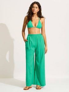 Seafolly Spodnie w kolorze zielonym rozmiar: L. Zielone spodnie z wysokim stanem Seafolly, bez wzorów, z bawełny, z podwyższonym stanem. Za 175,95 zł.