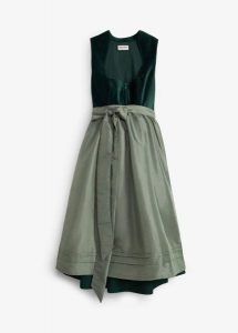 Komplet ciążowy w stylu ludowym, z górą z aksamitu i dołem z satyny (2 szt.). Zielone sukienki bonprix, bez wzorów, z satyny, bez kołnierzyka, moda ciążowa, bez ramiączek. Za 459,99 zł.