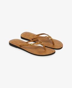 Superdry Damskie japonki plecione z ekoskóry – Argan Oil Brown. Brązowe klapki Superdry, bez wzorów, bez obcasa. Za 129,40 zł.