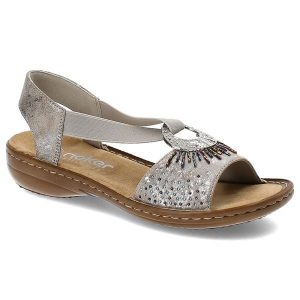 Srebrne Sandały Rieker Eleganckie Obuwie Damskie. Szare sandały Rieker, bez wzorów, bez obcasa, bez zapięcia. Za 239,00 zł.