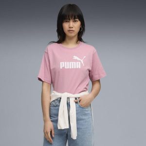 Damska luźna koszulka Essentials z logo No.1 PUMA Poised Pink. Czerwone bluzki Puma, bez wzorów, z gumy, sportowe, bez kołnierzyka, bez ramiączek. Za 99,00 zł.