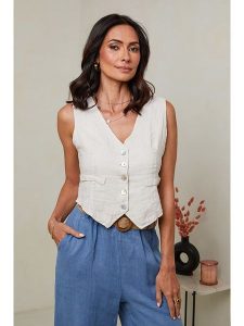 Le Monde du Lin Lniana kamizelka w kolorze kremowym rozmiar: 36/38. Brązowe kamizelki Le Monde du Lin, bez wzorów, ze lnu, bez kołnierzyka, bez ramiączek, bez kaptura. Za 121,99 zł.