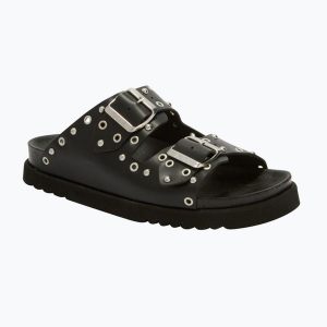 Klapki damskie Scholl Beatriz Ring Leather. Czarne klapki Scholl, bez wzorów, z materiału, bez obcasa. Za 439,99 zł.