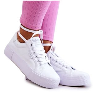 Tenisówki Na Platformie Lee Cooper LCW-22-31-0884L Białe. Białe trampki bez wzorów, z materiału, bez zapięcia. Za 197,76 zł.