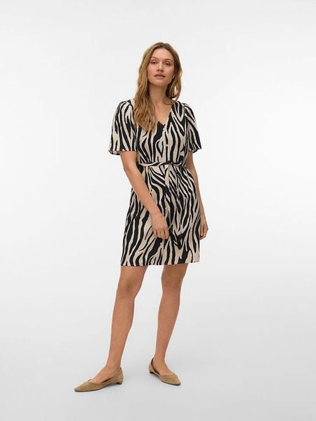 Vero Moda Sukienka w kolorze beżowo-czarnym rozmiar: L. Brązowe sukienki Vero Moda, l, bez wzorów, z tkaniny, bez kołnierzyka, bez ramiączek, mini. Za 130,35 zł.