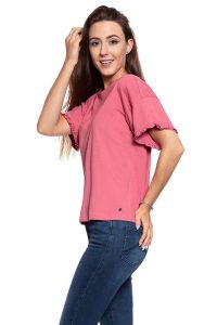 MUSTANG T SHIRT DAMSKI Alina C Ruffle 1009446 8271. Czerwone t-shirty Mustang, s, bez wzorów, bez kołnierzyka, bez ramiączek. W wyprzedaży za 39,99 zł.