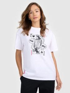 4F T-shirt loose z nadrukiem damski - biały S. Białe t-shirty 4f, s, bez wzorów, z bawełny, bez kołnierzyka, bez ramiączek. Za 79,99 zł.