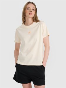 4F T-shirt oversize z nadrukiem damski - beżowy S. Brązowe t-shirty 4f, l, bez wzorów, z bawełny, bez kołnierzyka, bez ramiączek. W wyprzedaży za 49,99 zł.