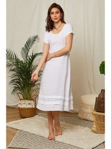 Lin Passion Lniana sukienka w kolorze białym rozmiar: 34/36. Białe sukienki Lin Passion, bez wzorów, ze lnu, klasyczne, bez kołnierzyka, bez ramiączek, midi, rozkloszowane. Za 113,99 zł.