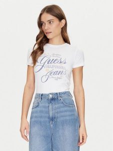 Guess Jeans T-Shirt W5GI24 J1314 Biały Regular Fit. Białe t-shirty Guess Jeans, xs, z aplikacjami, z bawełny, bez kołnierzyka, bez ramiączek. Za 79,99 zł.