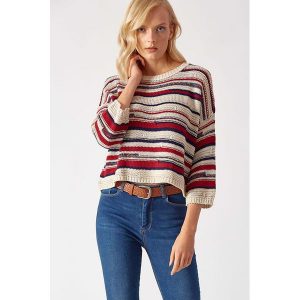 Sweter w kolorze beżowo-granatowo-czerwonym. Brązowe swetry klasyczne marki Robin, z okrągłym kołnierzem. W wyprzedaży za 109,95 zł.