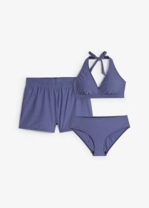 Bikini + szorty kąpielowe (3 części). Fioletowe bikini bonprix, bez wzorów. Za 179,99 zł.