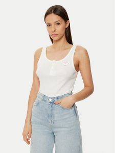 Tommy Jeans Top DW0DW19492 Biały Slim Fit. Białe topy Tommy Jeans, l, bez wzorów, z bawełny, bez kołnierzyka, bez ramiączek. Za 99,99 zł.