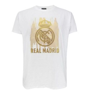 Koszulka z herbem Realu Madryt dla dorosłych unisex. Białe bluzki REAL MADRID, l, bez wzorów, sportowe, bez kołnierzyka, bez ramiączek. W wyprzedaży za 101,55 zł.