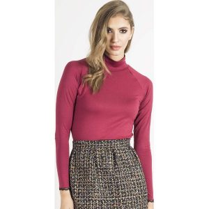 Bordowy Golf Basic z Koronkową Wypustką. Czerwone golfy Wow Point, bez wzorów, z elastanu. Za 129,90 zł.
