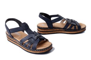 RIEKER 62918-14 blue , sandały damskie. Niebieskie sandały Rieker, bez wzorów, bez obcasa, na koturnie, bez zapięcia. Za 209,93 zł.