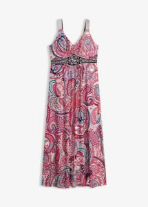 Długa sukienka z aplikacjami. Czerwone sukienki bonprix, na lato, z aplikacjami, eleganckie, bez kołnierzyka, bez ramiączek, maxi. Za 79,99 zł.