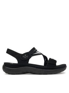 Rieker Sandały 64870-02 Czarny. Czarne sandały Rieker, bez wzorów, z materiału, bez obcasa, na płaskiej podeszwie, bez zapięcia. Za 223,99 zł.