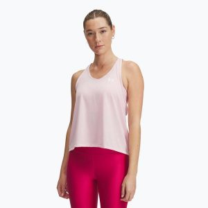 Top treningowy damski Under Armour Tech Swing Tank prime pink/white. Czerwone topy Under Armour, bez wzorów, bez kołnierzyka, bez ramiączek. Za 73,99 zł.