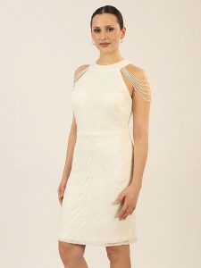 APART Sukienka w kolorze białym rozmiar: 42. Białe sukienki Apart, bez wzorów, bez kołnierzyka, bez ramiączek, mini. Za 391,99 zł.