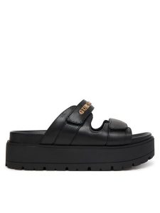 Guess Klapki FLJFAX ELE03 Czarny. Czarne klapki Guess, z aplikacjami, ze skóry, bez obcasa. Za 479,99 zł.