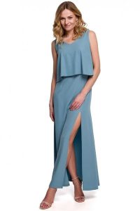 Długa zmysłowa sukienka z falbaną i rozcięciem niebieska. Niebieskie sukienki Sukienki.shop, na imprezę, m, bez wzorów, eleganckie, bez kołnierzyka, bez ramiączek, maxi. Za 349,00 zł.