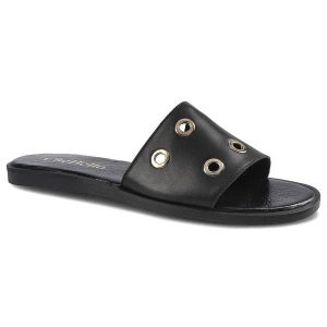 Czarne Klapki Chebello Damskie Stylowe Buty. Czarne klapki CheBello, z aplikacjami, ze skóry, bez obcasa. Za 149,00 zł.