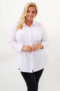 Klasyczna biała koszula Charo do pracy PLUS SIZE XXL. Białe koszule Nasi partnerzy, m, bez wzorów, z elastanu, bez kołnierzyka, plus size, bez ramiączek. Za 199,90 zł.