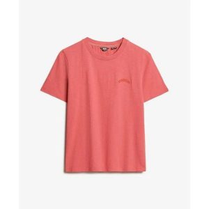 T-shirt z wyblakłym nadrukiem damski Superdry Essential. Czerwone t-shirty Superdry, bez wzorów, bez kołnierzyka, bez ramiączek. Za 127,30 zł.
