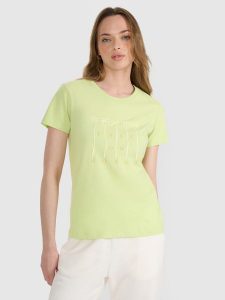 4F T-shirt regular z nadrukiem damski - żółty XS. Żółte t-shirty 4f, xs, bez wzorów, z bawełny, bez kołnierzyka, bez ramiączek. W wyprzedaży za 39,99 zł.